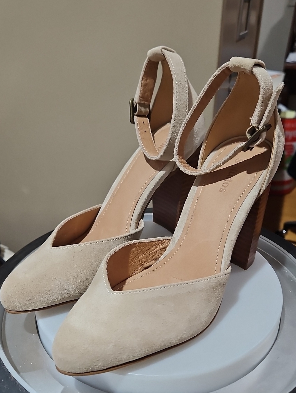 Soludos Cream Suede Ankle-Strap Block Heels